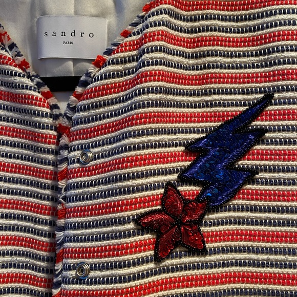 Sandro Paris Cropped Jacket Size 40, Red Stripes Star Lightning - Picture 4 of 5